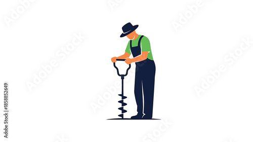 Illustration of a person in a hat and overalls operating a manual earth auger
