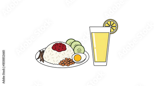 Illustration of a plate of rice with various toppings and a refreshing glass of lemonade