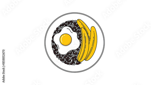 Illustration of a plate with gallo pinto (rice and beans), a fried egg, and yellow plantains