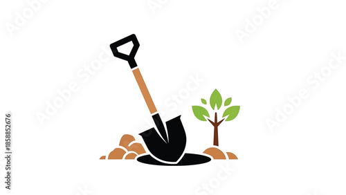Illustration of a shovel dug into the earth next to a small green tree, symbolizing planting