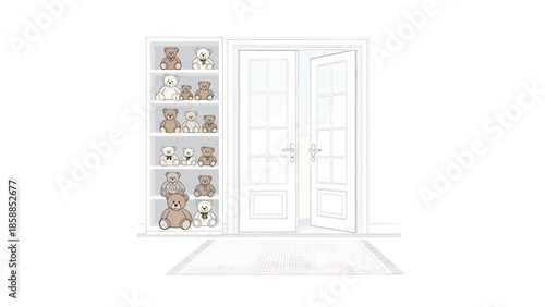 Illustration of a room featuring a bookshelf filled with teddy bears and an inviting, open doorway
