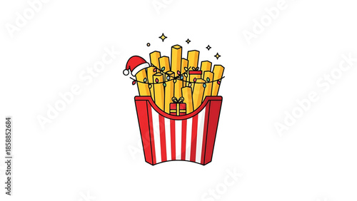 Illustration of a red and white striped box of golden french fries adorned with a Santa hat and Christmas lights