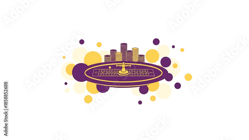 Illustration of a roulette table with stacked coins, surrounded by yellow and purple bubbles on a white background