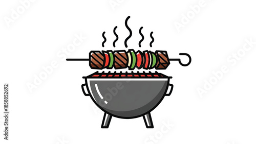 Illustration of a skewer with meat and vegetables grilling on a barbecue, with smoke rising
