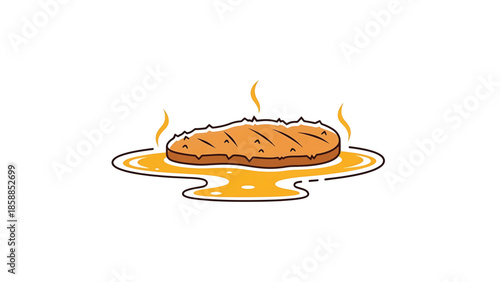 Illustration of a steaming piece of bread or toast resting in a golden puddle of melted butter or syrup