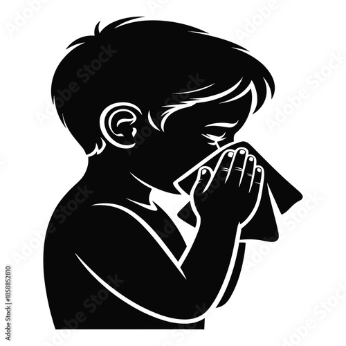 Boy Crying While Using Tissue Silhouette Depicts Child Suffering From Cold Or Allergies Featuring Silhouette Of Youngster Wiping Nose In Distress