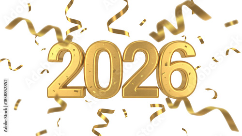 Golden 2026 numbers with celebratory confetti and streamers in bright white background for new year party invitation
