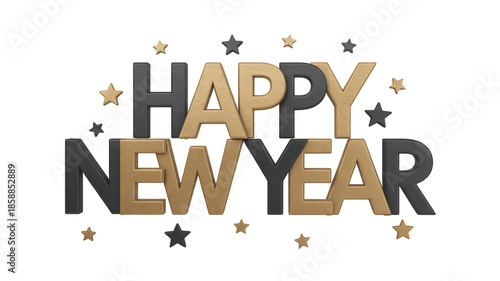 Happy New Year typography with gold and black stars in festive celebration with elegant luxury design for greeting card