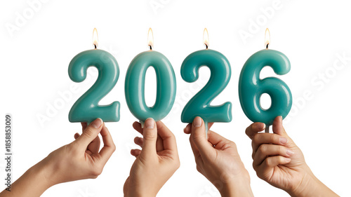 Hands holding teal candles in the shape of the numbers 2026 with soft warm glow on isolated white background for New Years celebration