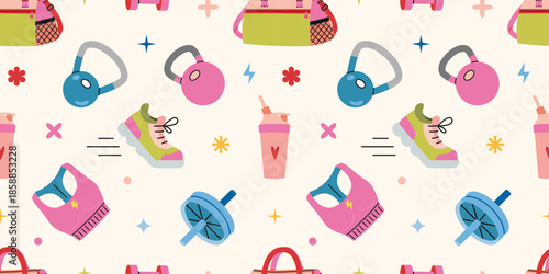 Seamless pattern with gym and fitness equipment for workout, training and healthy lifestyle. Sport accessories and clothes. Trendy vector illustration on a light background, hand drawn, flat design
