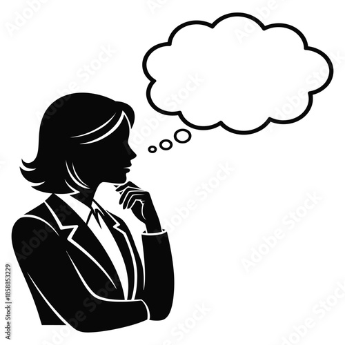 Thinking woman vector silhouette with thought bubble illustration for contemplation and imagination isolated on white in black and white for corporate and business style