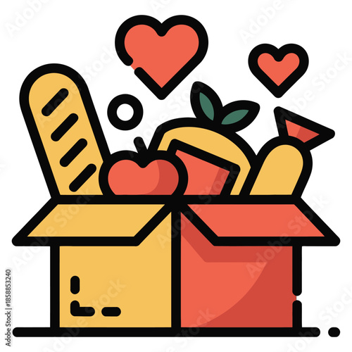 Vibrant Illustration of Donation Box Overflowing with Food Representing Charity Generosity and Support for Those in Need and Social Cause