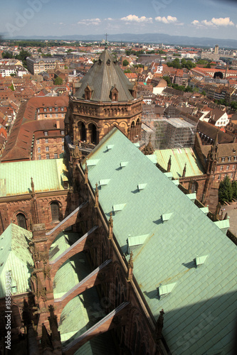 View cross the roof of Strasbourg cahtedral and the city, Alsace