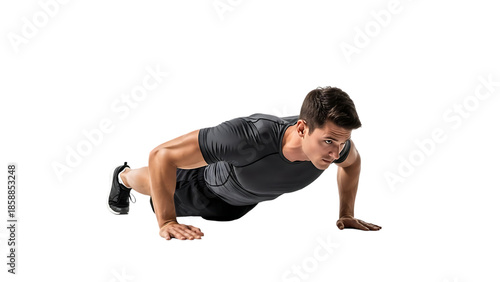 Athletic young man in sportswear doing push-ups exercise, muscular fitness trainer performing floor workout, strength training and bodybuilding concept, healthy active lifestyle.