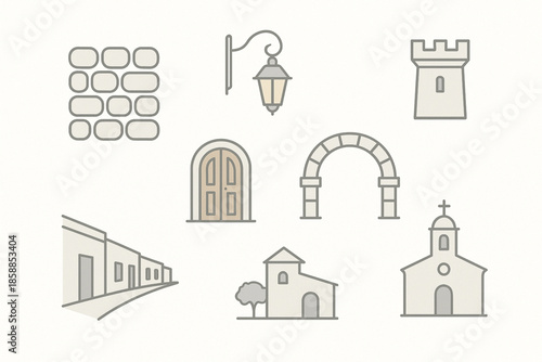 Uruguayan colonial town vector icons thin line minimal style