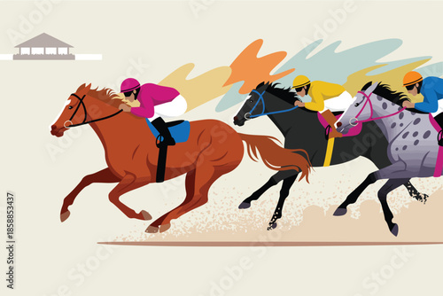 Colorful horse racing illustration with jockeys on the track