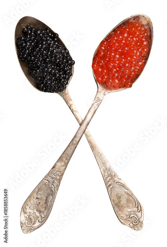 Two vintage spoons with black and red caviar on isolated background