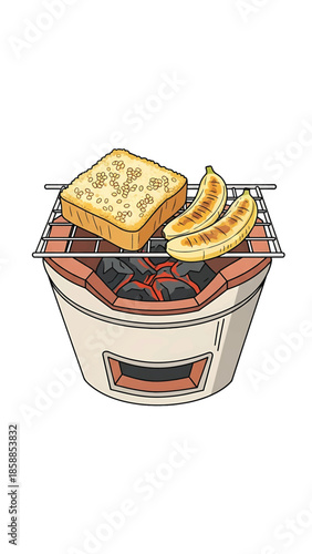 Illustration of bread and bananas being grilled on a traditional charcoal stove with hot coals