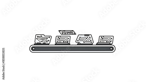 Illustration of circuit boards on a conveyor belt, representing electronic component manufacturing