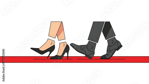 Illustration of disembodied male and female legs in formal shoes walking on a red line on white background
