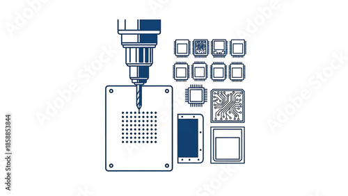 Illustration of electronic components like microchips and a drill working on a perforated circuit board