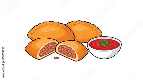 Illustration of empanadas, some sliced open revealing a savory filling, served with a bowl of red dipping sauce