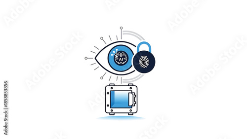 Illustration of eye with AI brain, biometric lock, and secure safe, representing data protection