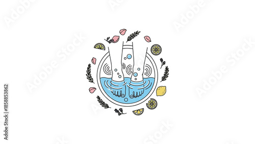 Illustration of feet in a foot bath with water, lemons, rose petals, and herbs for relaxation