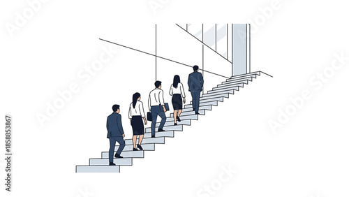 Illustration of five business people, men and women, climbing a modern staircase, symbolizing ambition