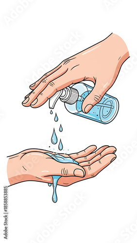 Illustration of hands dispensing blue hand sanitizer from a pump bottle into a cupped palm, promoting hygiene