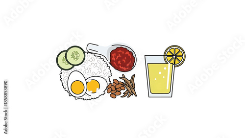 Illustration of Malaysian Nasi Lemak meal rice, boiled eggs, cucumber, sambal, anchovies, peanuts, and lemonade