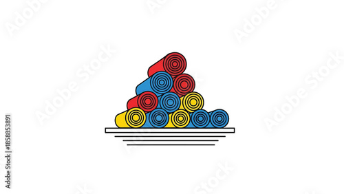 Illustration of rolled colorful yoga mats stacked on a simple dark shelf against a white background