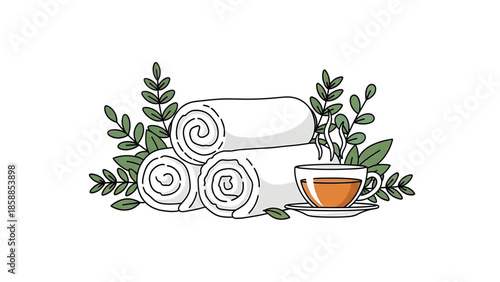 Illustration of rolled white towels, green leaves, and a steaming cup of hot tea for relaxation or spa concept