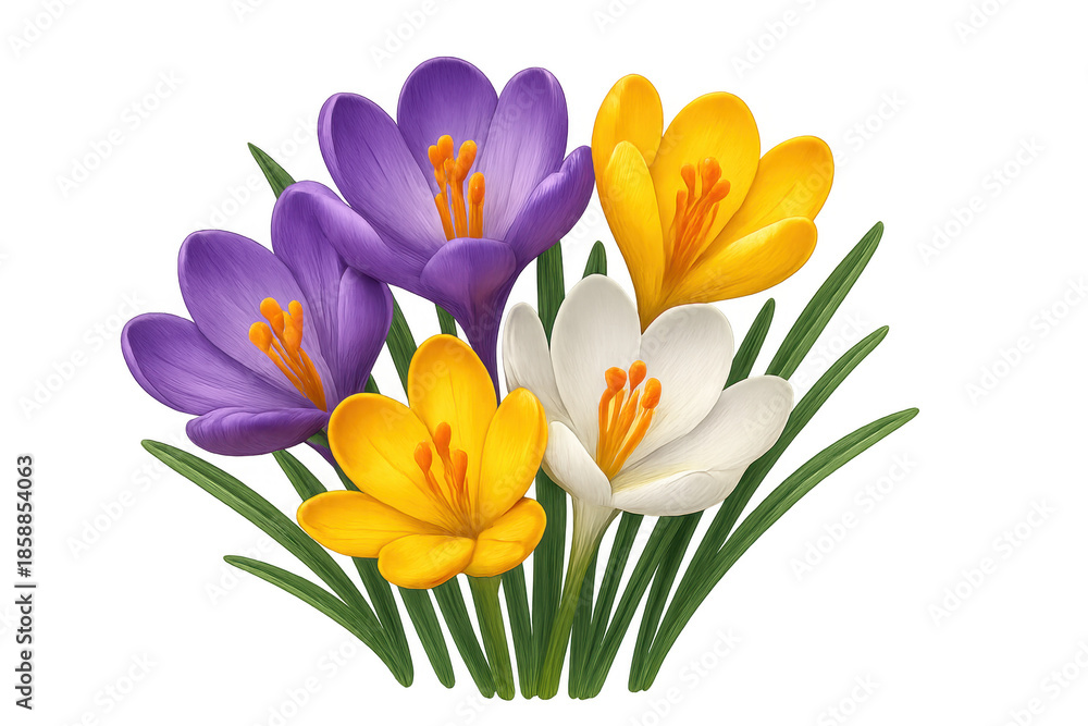 Fototapeta premium Colorful crocus flowers blooming in spring, transparent background