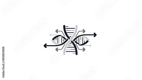 Intertwined DNA helix structures with arrows depicting data flow or genetic processes on a white background