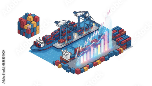 Isometric port illustration with cargo ships, containers, cranes, and an overlaid financial graph