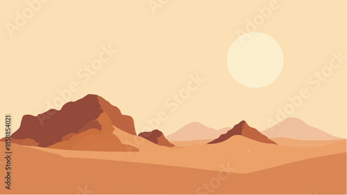 Rocky Desert landscape. Illustration of a desert landscape with sunset. Desert dunes. Vector illustration.