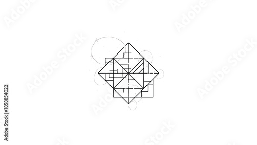 Intricate black line geometric pattern centered on a white background, enhanced by subtle construction arcs and dots