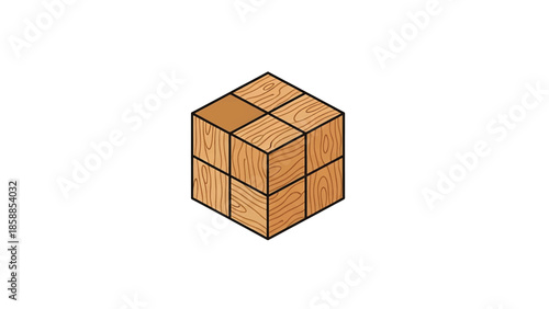 Isometric wooden cube formed by eight smaller blocks, one block is a slightly different shade of brown