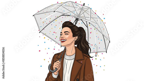Joyful woman in brown coat with clear umbrella, smiling amidst colorful falling confetti against white background