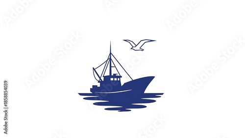 Minimalist blue graphic fishing boat silhouette on water with a flying seagull against a white background