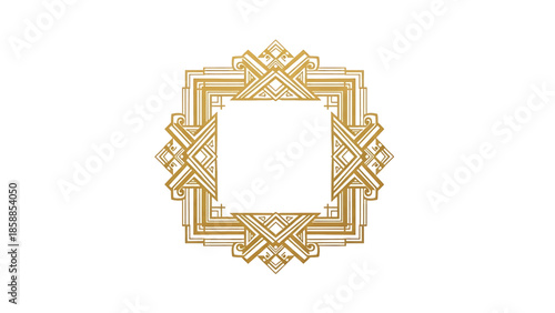 Intricate golden Art Deco style decorative frame with bold geometric patterns and elegant lines on white