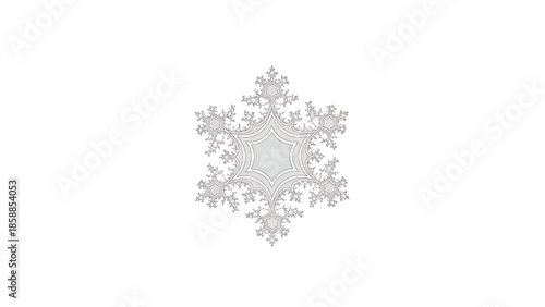 Intricate grayscale fractal snowflake design with detailed patterns on a clean white background