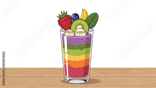 Layered fruit smoothie in a glass, topped with fresh berries, kiwi, banana, and spinach on wood