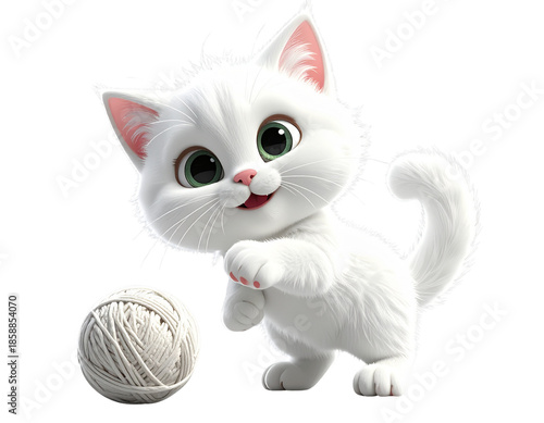 Playful White 3D Cartoon Cat with Yarn