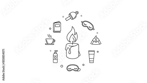 Line art icons of self-care items like candles, eye masks, books, and lotions arranged in a circle