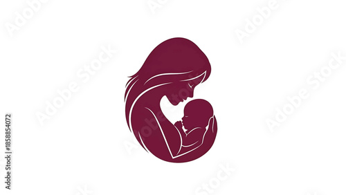 Maroon silhouette of a mother tenderly embracing her baby against a white background, symbolizing maternal love