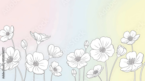 Line art flowers and buds gracefully arranged on a soft, colorful watercolor gradient background