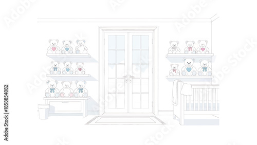 Line art illustration of a baby nursery, featuring shelves with numerous teddy bears and a cozy crib