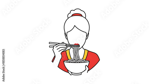 Minimal line art of a person with a bun and red lipstick, eating noodles with chopsticks from a bowl